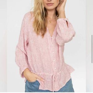 Rails Marti Scarlet Stripe V-Neck Linen Blend Long-Sleeve Drawstring Blouse Sz S